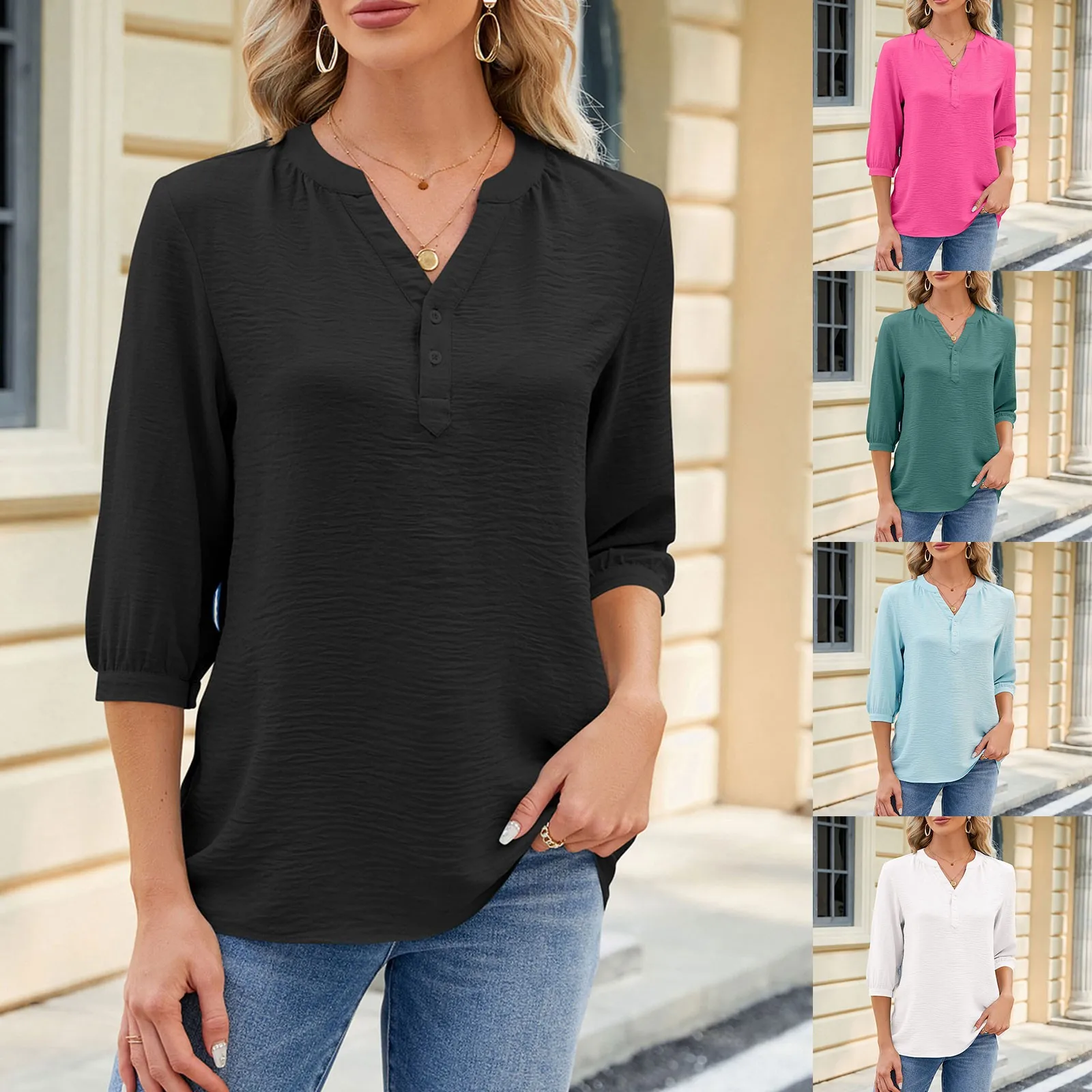 

Womens Casual Chiffon Blouses 3/4 Sleeve Loose V Neck Pleated Shirt Summer Solid Color Button Down Shirts Ladies Chic Tops 2024