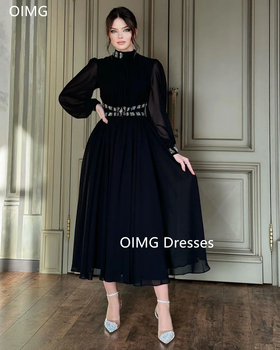 OIMG Customized Puff Sleeves Crystals Fashion Saudi High  Neck Prom Dresses Ankle Length Chiffon  Gowns Formal Party Dress