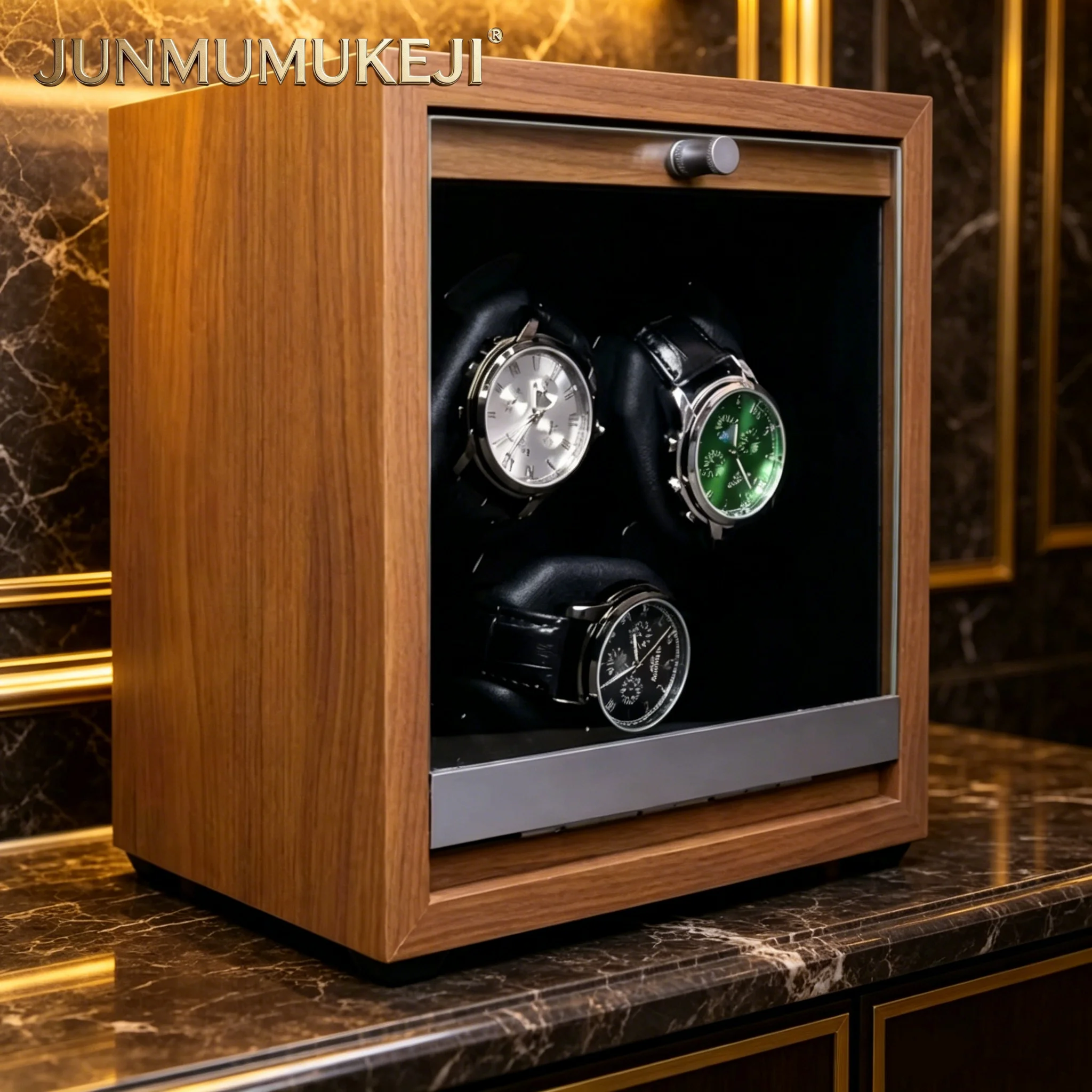 Black Walnut Wood Watch Winder 3 Slots Mechanical Watch Case Automatic Watches Storage Box with LED Light Safe Display
