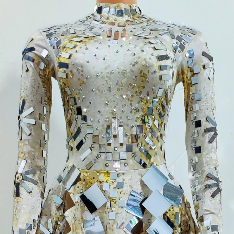 Vestido de fiesta con espejos Flash para mujer, vestidos de noche para fiesta, minivestido elástico de manga larga, disfraz de bailarina y cantante XS6910