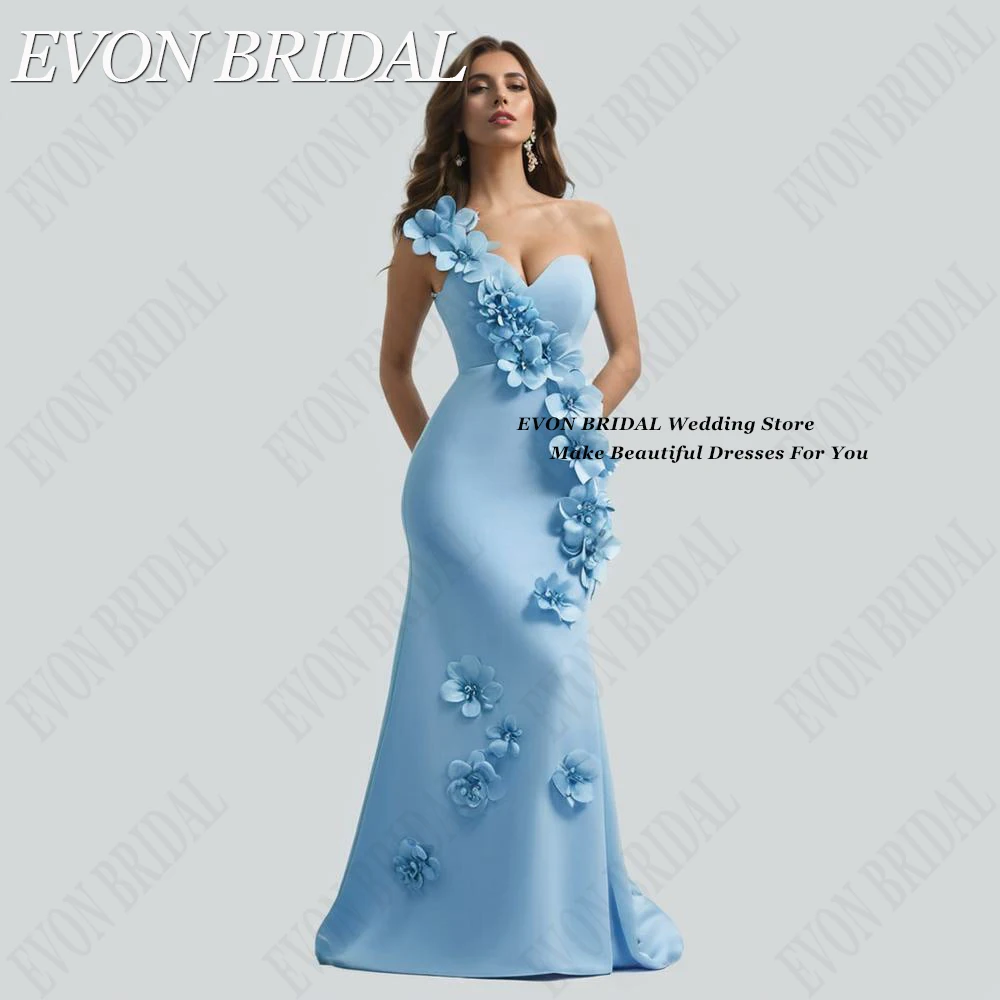 EVON-vestido de noche de flores azul cielo para mujer, vestido de sirena de lujo, satén, alfombra roja, vestidos de gala elegantes hechos a medida,