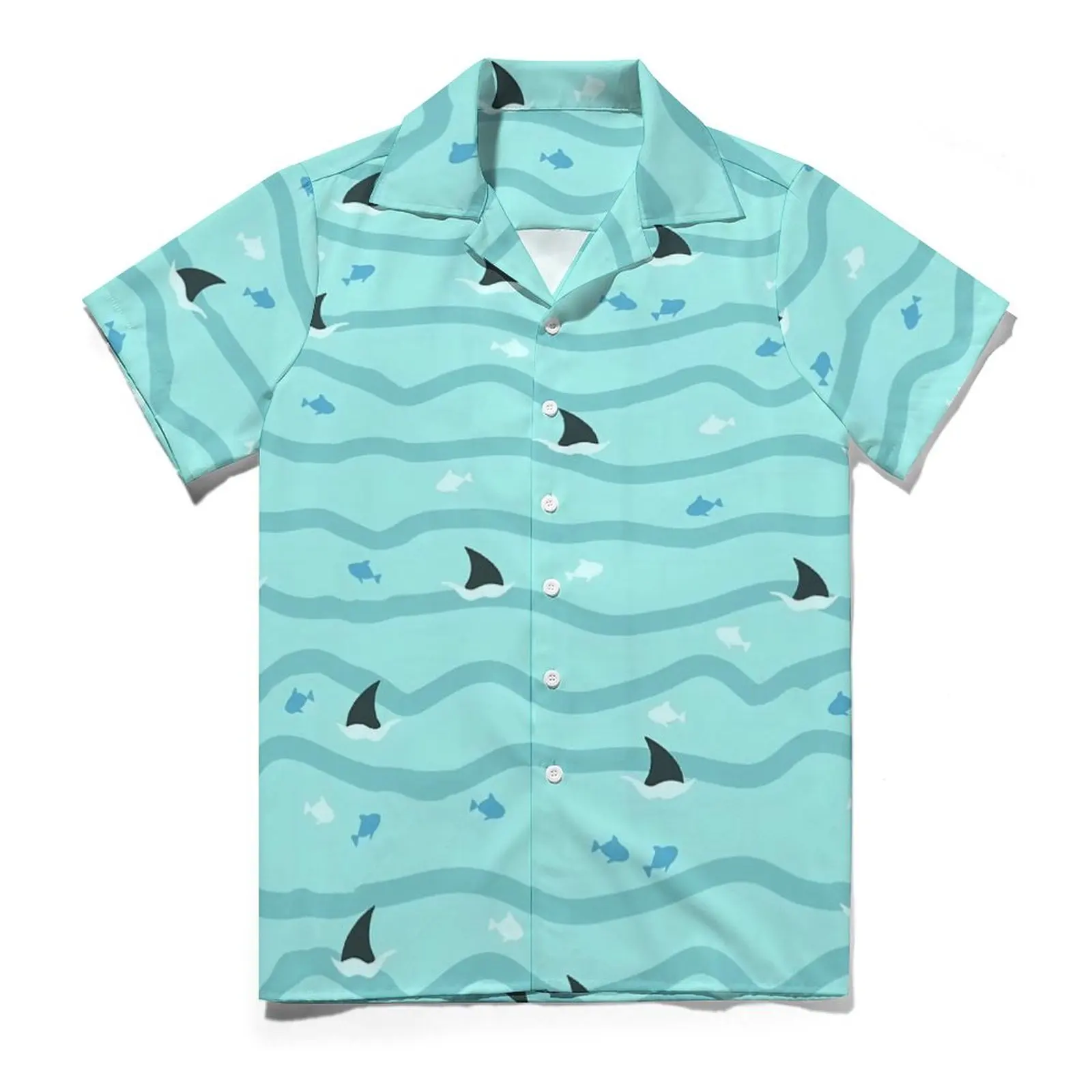 Waves And Shark Fin Print Beach Shirt  Summer Casual Shirts Male Elegant Blouses Short Sleeves Comfortable Design Clothes