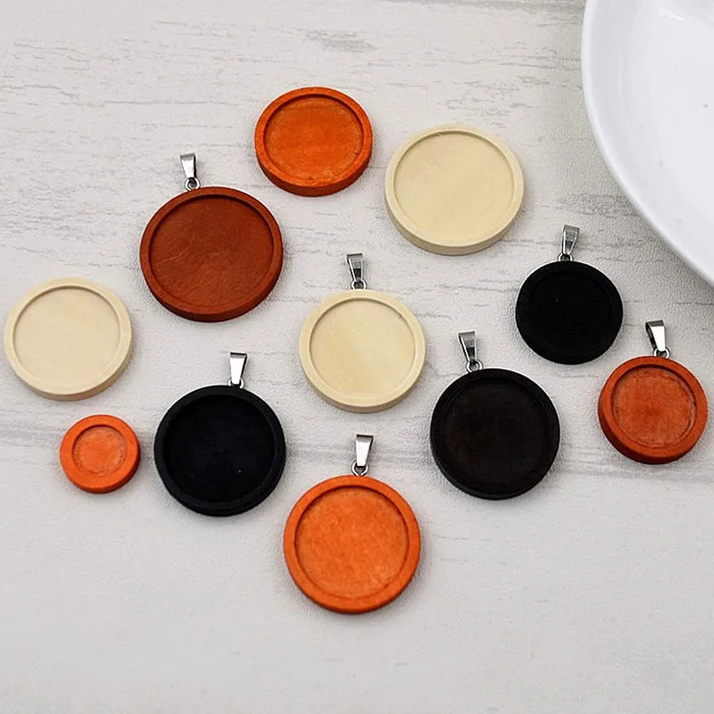 SNASAN 10pieces 12mm-30mm Wood Cabochon Cameo Base Tray Bezel Blank With Stainless Steel Necklace Pendant DIY Jewelry