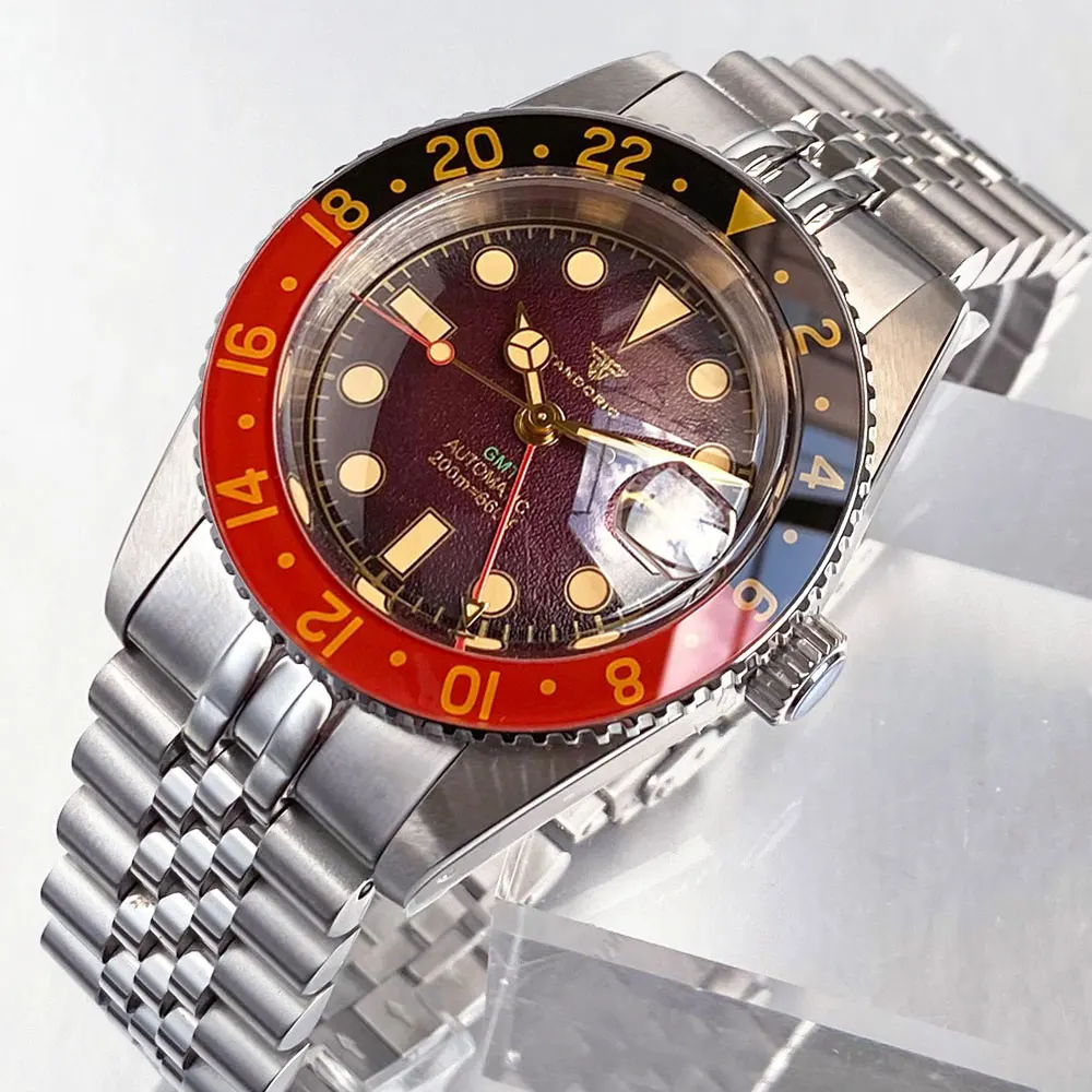 Tandorio الأرجواني الهاتفي خمر 38 مللي متر فقاعة الياقوت NH34A 200 متر مقاوم للماء NH34 GMT التلقائي Movt الغوص ساعة الرجال 120 انقر