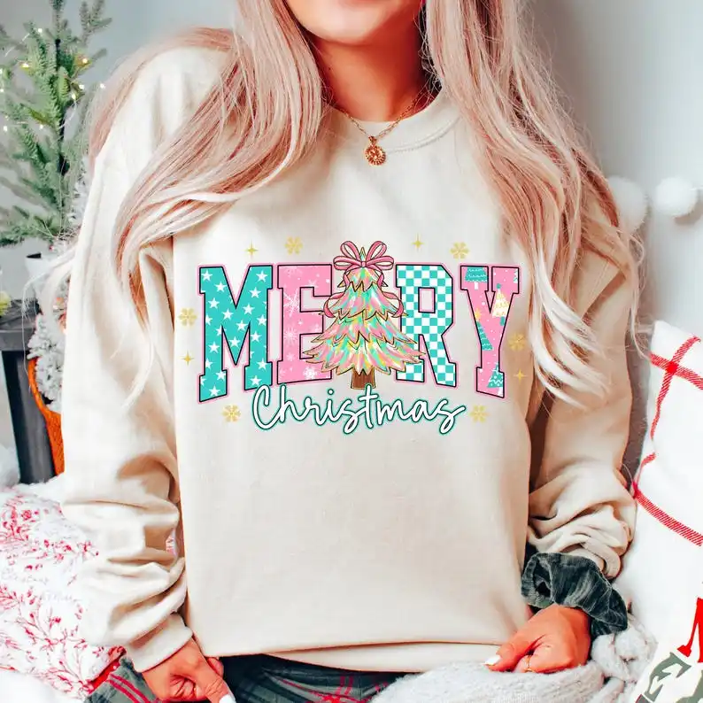 Merry Christmas Coquette Retro Pink Christmas Tree Hoodie Preppy Merry and Bright Checkered Xmas Autumn Long Sleeve Sweatshirts