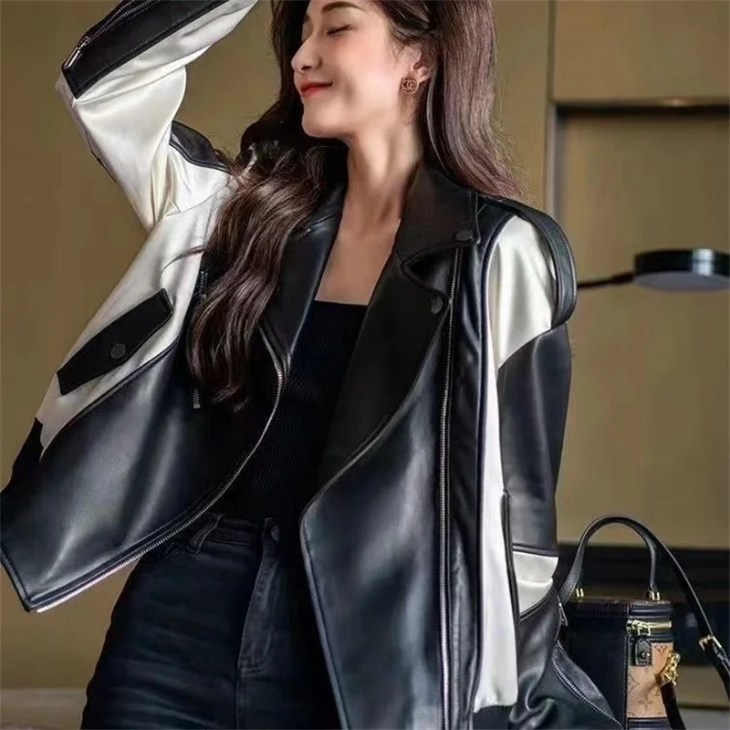 Fashion Leather Coat Women\'s Spring Autumn Sheepskin Short Jacket Motorcycle Jacket Casual Slim Design Splicing Ladies\' Jacket