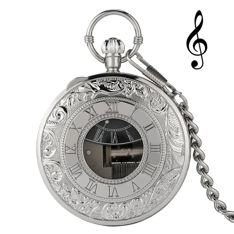 Silver Musical Pocket Watch Manually Playing Swan Lake Song Unisex Quartz Watches Roman Number Dial Pendant Chain Clock