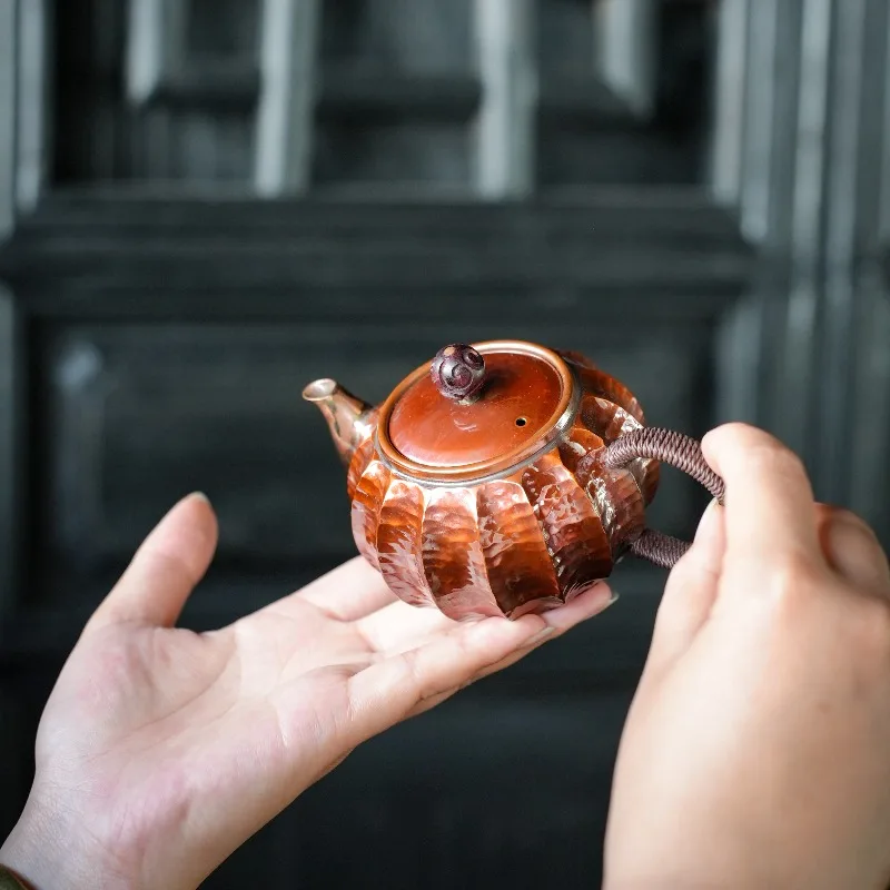 Handmade Pure Red Copper Teapot Pumpkin Meteorite Shape Small Gongfu Tea Kettle Home Traditional Tea Ceremony Utensil