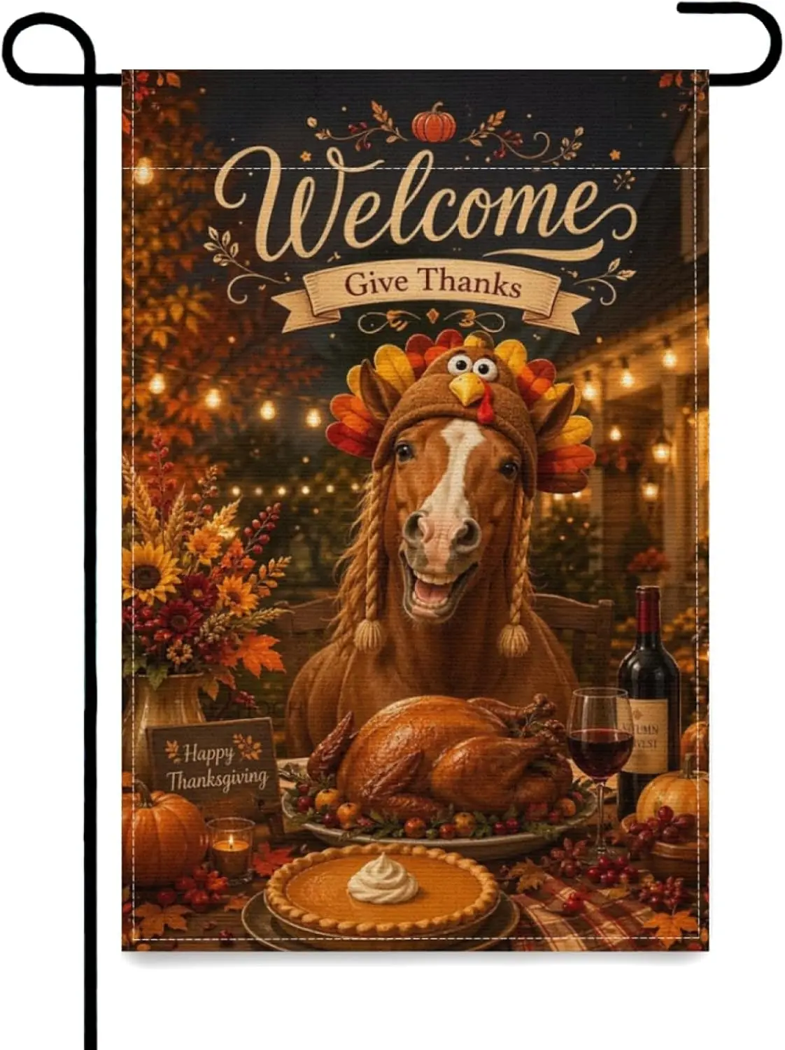 Thanksgiving Garden Flag 12x18Inch,Cute Horse Turkey Hat Autumn Decor,Funny Animal Welcome Give Thanks Fall Holiday Outdoor  MMZ