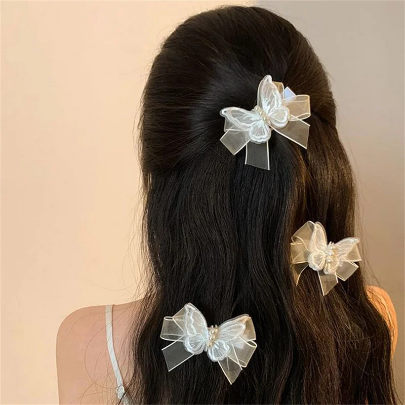 White Transparent Lace Butterflies Hair Clips For Women Cute Pearls Butterfly Hairpins Kids Bow Barrettes Girls Hair Accessories