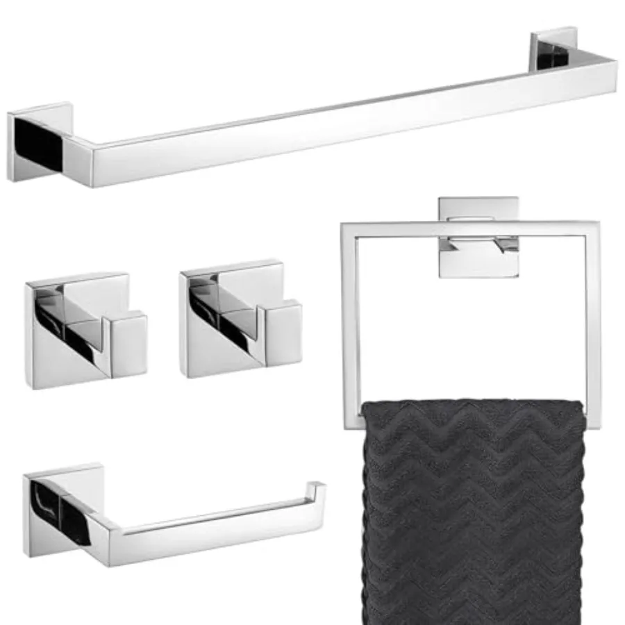 

5-Piece Bathroom Hardware Set Polished Chrome Towel Bar Sets Towel Ring Toilet Paper Holder and 2 Towel Hooks Stainless Steel W