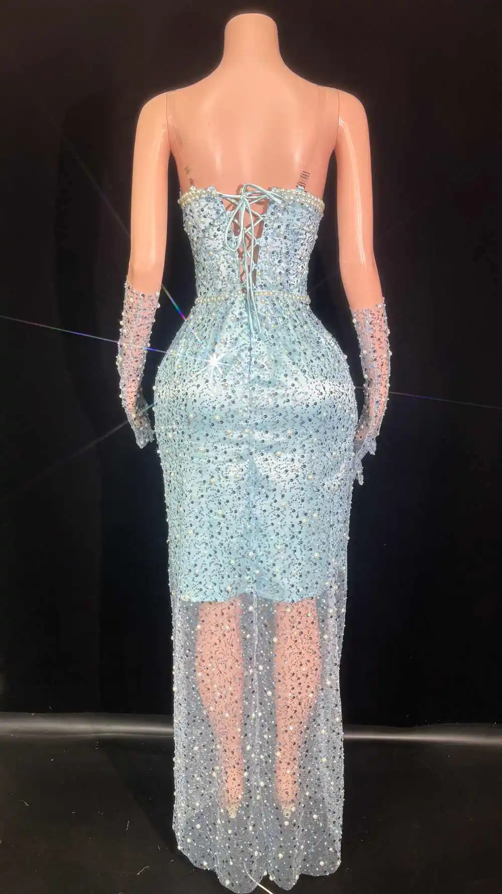 Eleganckie dżetów cekiny perły długa sukienka przezroczyste rękawiczki dla kobiet seksowny wieczorowy bal świętuj sukienkę urodzinową strój do sesji zdjęciowej