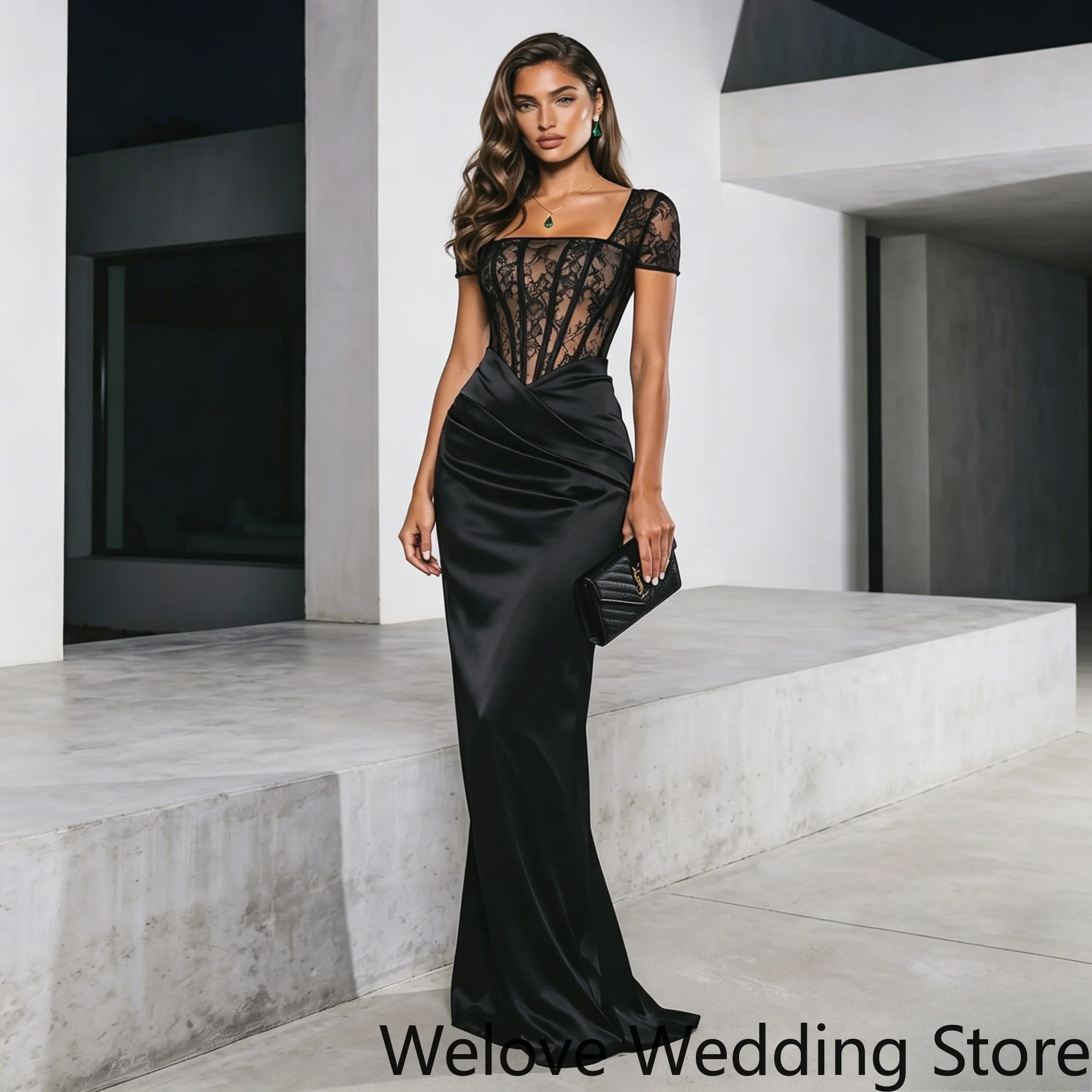 

Customized Sleek Black Formal Evening Gown featuring a square neckline, a sheer lace corset bodice with short sleeves