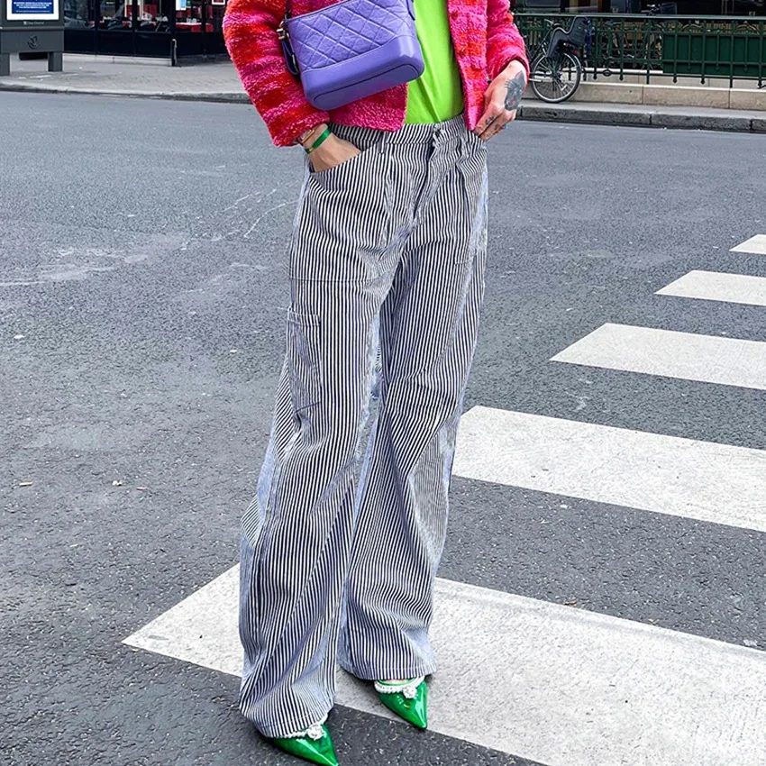 

Ранняя осень Широкие брюки Вертикальные полоски Свободная повседневная модная рабочая одежда Трансграничные брюки свободного покроя