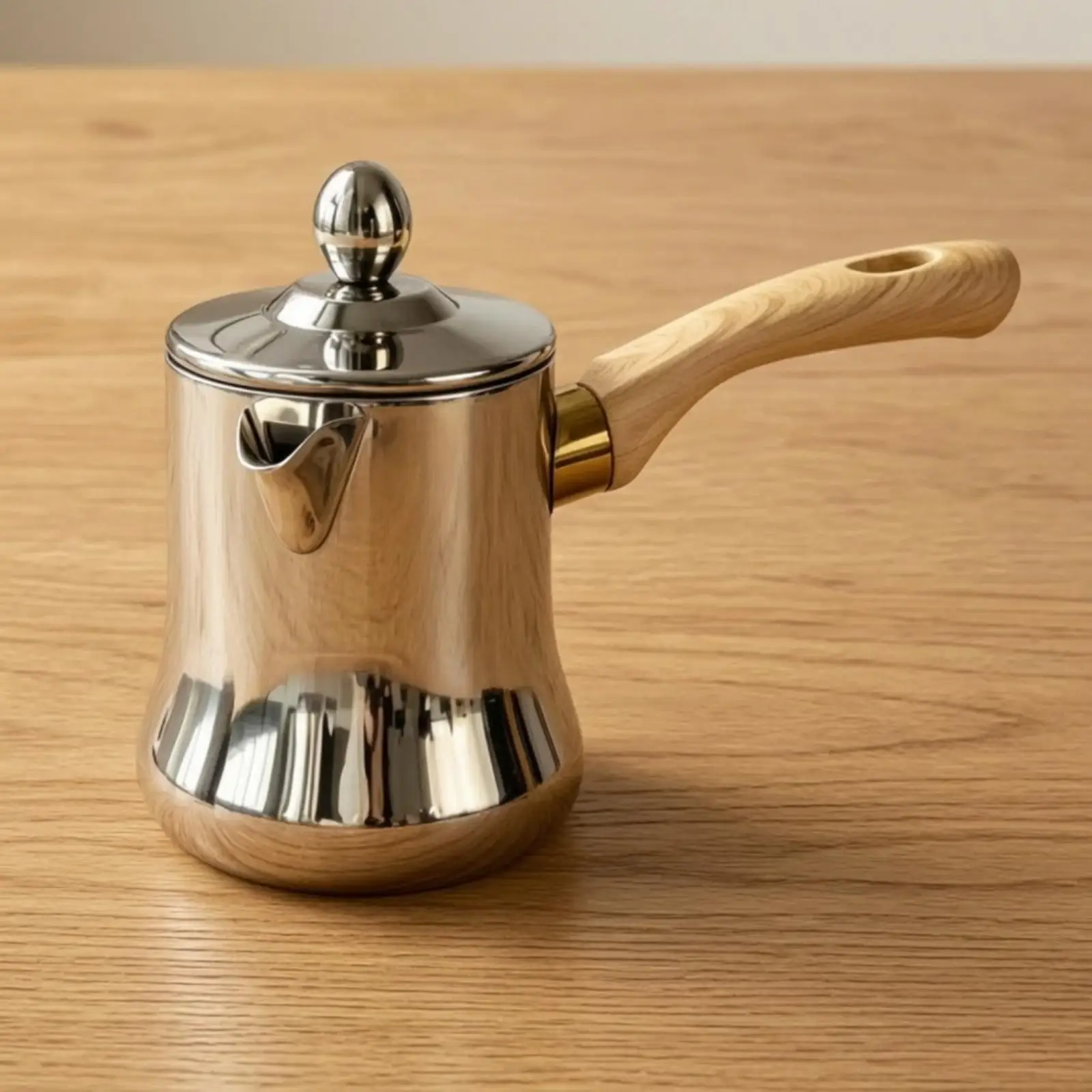 Stainless Steel Turkish Coffee Pitcher with Lid and Pointed Spout Wood Grain Handle for Latte Art