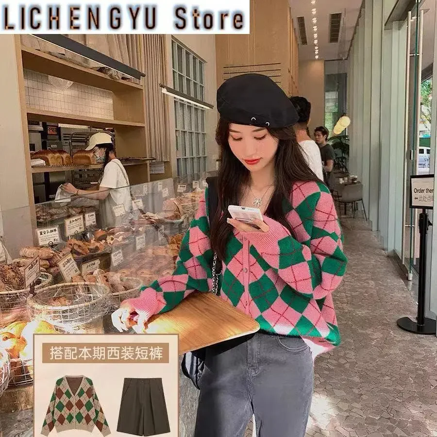 New Winter Spring Argyle Cardigan Women Jacket Sweater N Vintage V Neck Knit Sweater Fall College Warm Tops Sweet Fashion Coat