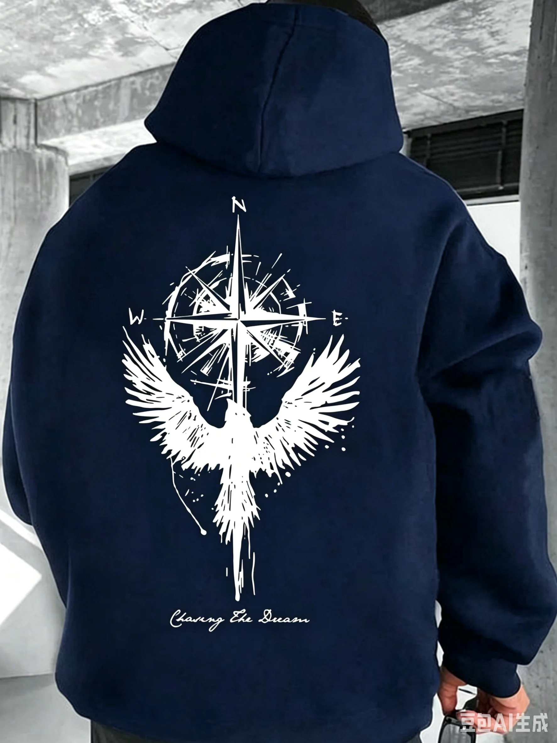 Adventure Trend Casual Men's Hooded Sweatshirt with Doodle-style Compass and Bird Print - Casual Sports Hooded Sweatshirt