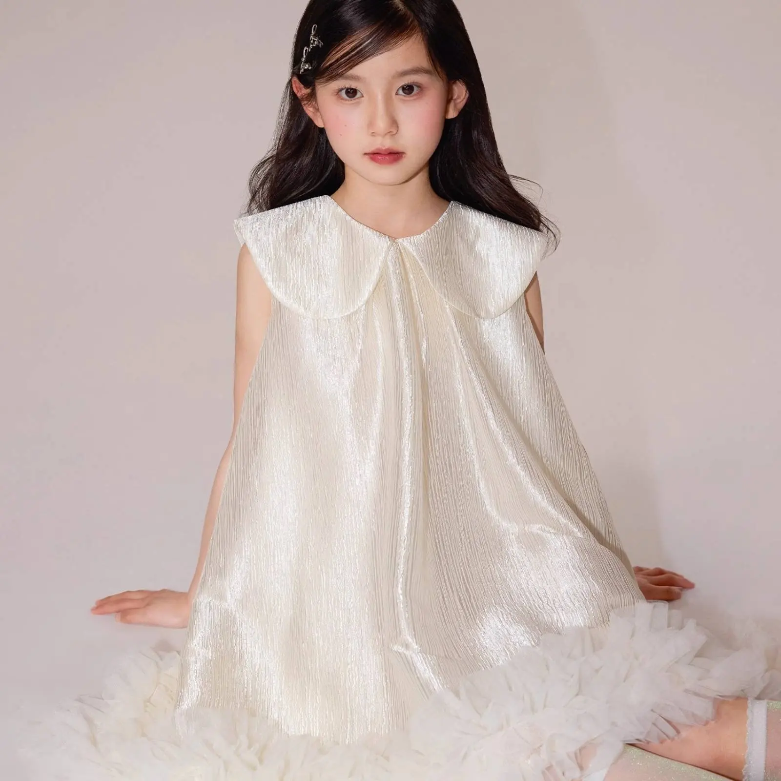 

Sleeveless Peter Pan Collar Dress Lightweight Shimmery Doll Collar Dress Girl Frock Breathable for Girls, Party, Wedding