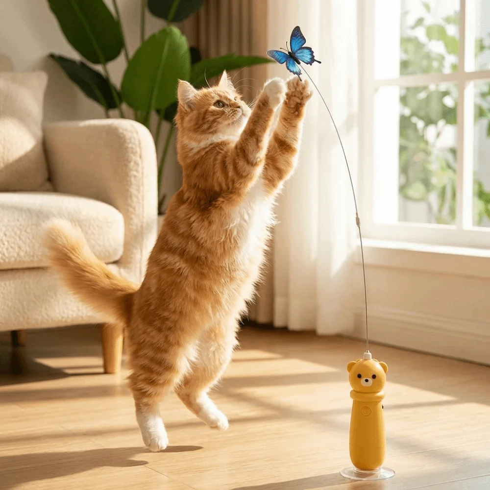 360° Rotation Butterfly Electric Cat Teaser USB Rechargeable Automatic Launching Stick Suction Cup Base Flying Disc Cat