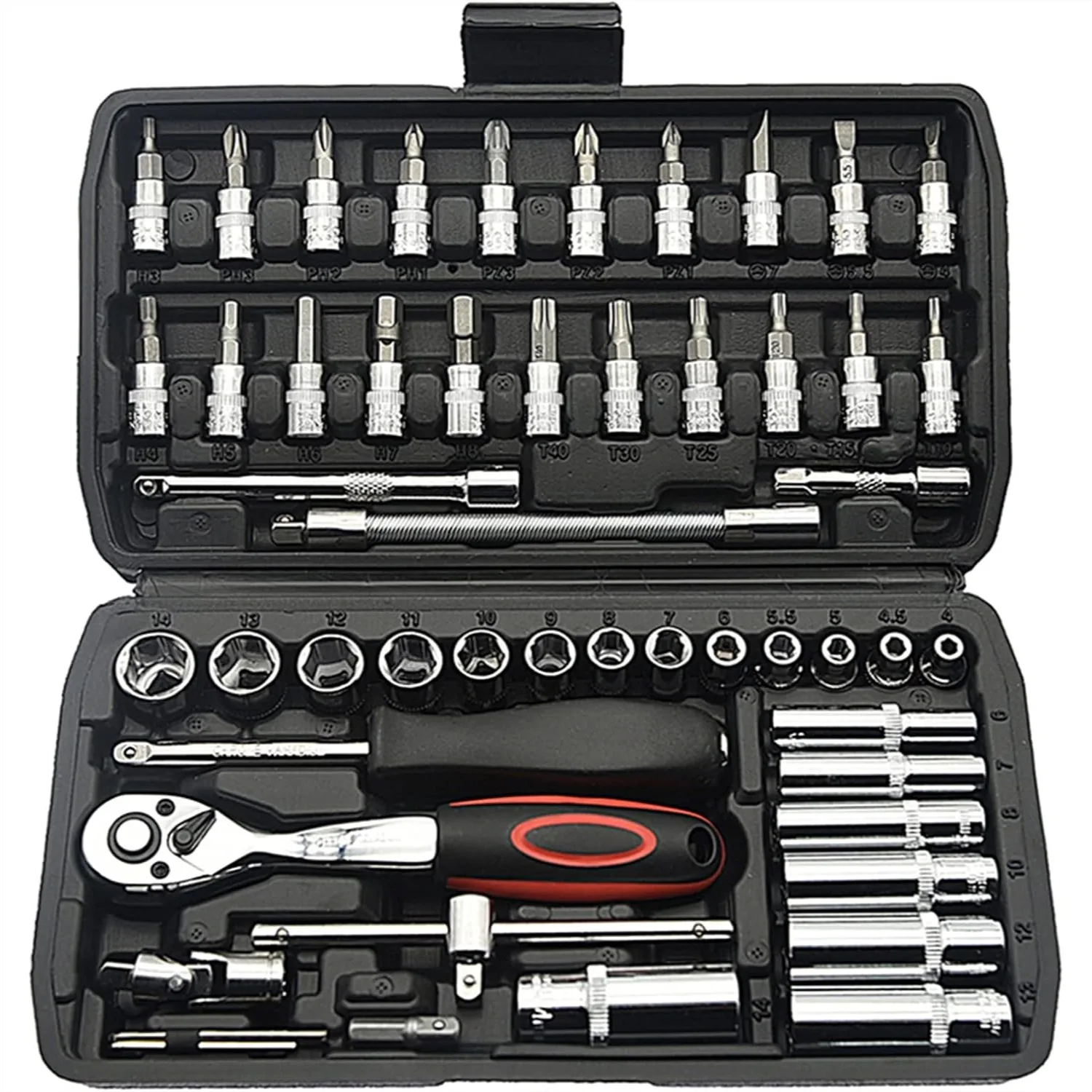 

53-Piece 1/4 Inch Socket Wrench Set with Ratchet, Extension Bars, and Gimbal for Automotive Repair and Home Use