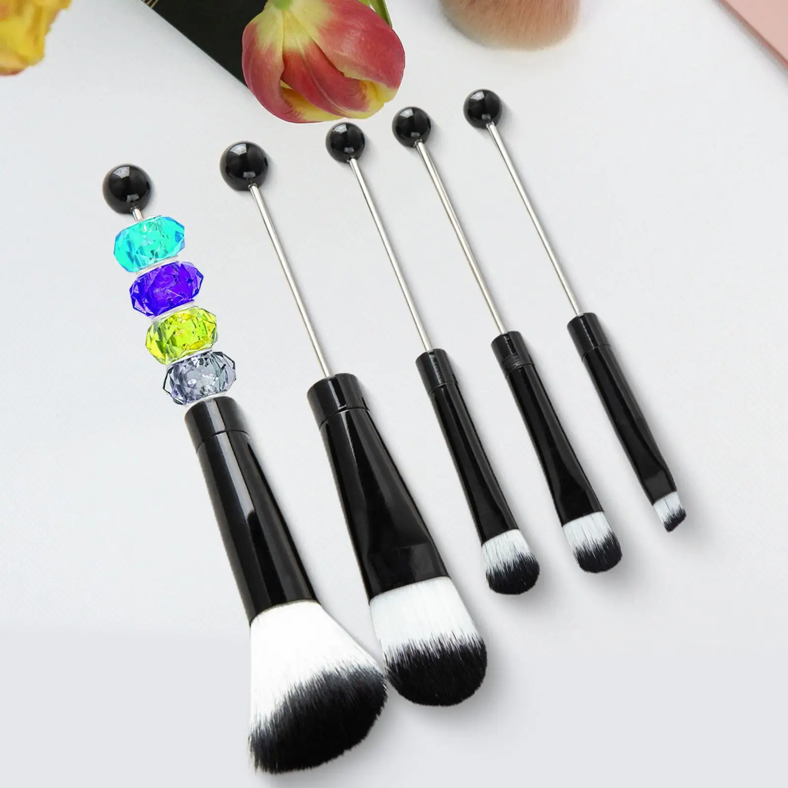 Professional Travel Makeup Brush Set Beaded Design Metal Handle Fiber Bristle Powder Blending Concealer Eyebrow Tools for