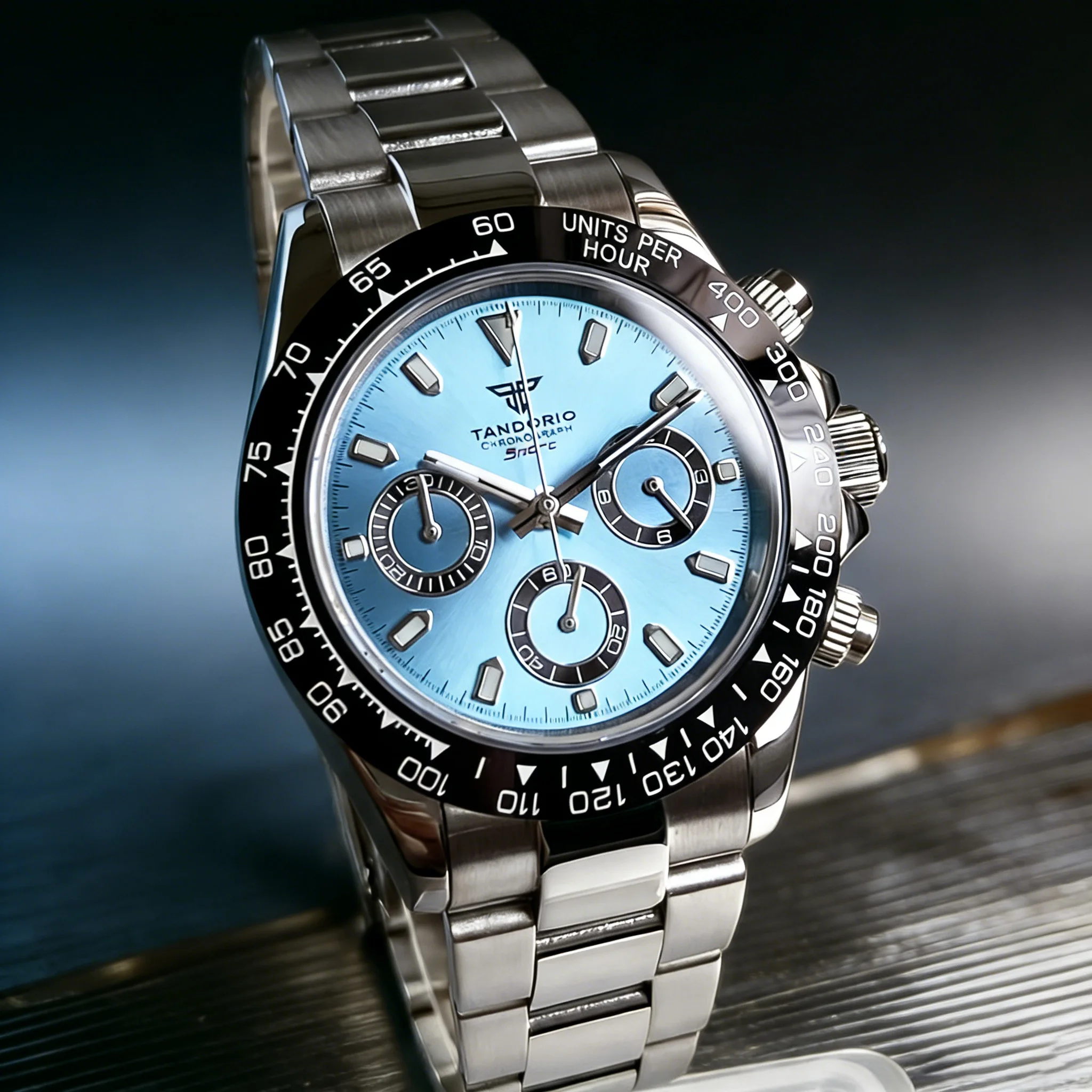

Wristwatch Sky Blue Dial 39mm VK63 Quartz Movement Chronograph Men's Watch 50m waterproof Sapphire Glass Tandorio 316L Clock