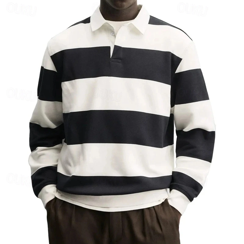

2026 New Striped Graphic Polo Shirts For Men Fashion Autumn Long Sleeve 3D Printed Golf Polo Casual Oversized Business Tops