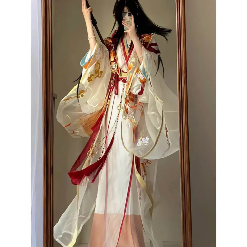 

Костюм Ханьфу в национальном стиле с обильной вышивкой, улучшенный прямой крой, рубашка с длинным рукавом, костюм феи, древний костюм для косплея, костюм на Хэллоуин