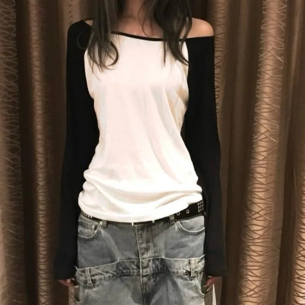 Y2K Grunge Women Off Shoulder Long Sleeve Top Black White Color Block Slash Neck Loose Tee Alt Harajuku Streetwear Shirt