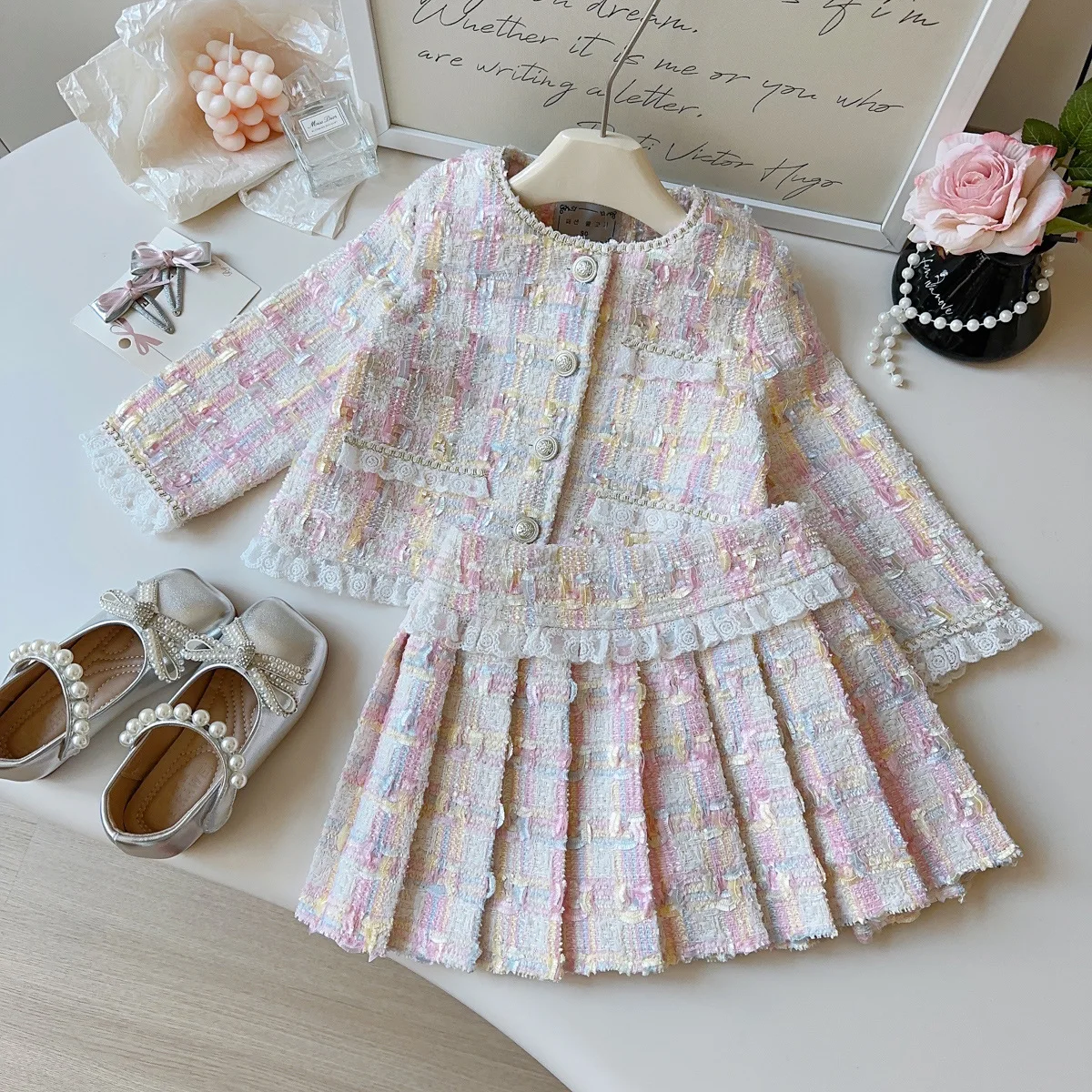 Korean style girl plaid style suit spring and autumn new fashion women's treasure jacket pleated skirt two-piece set