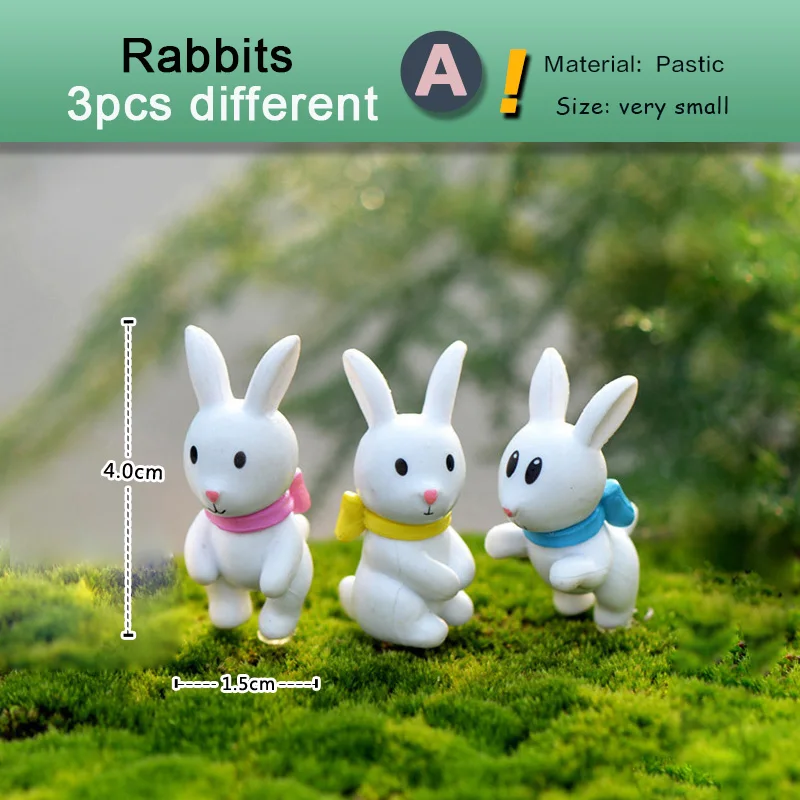 3pcs White Pink Rabbit Miniature Figurine Cartoon Mini Animal Home Car Cake Decor Fairy Garden Decoration DIY Accessories