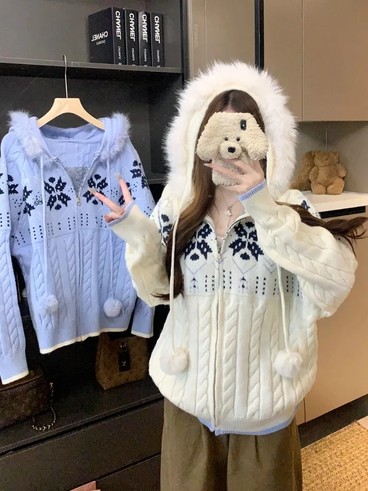 

plus Size Women's Vintage Fair Isle Hoodie Zipper Jaet Autumn Winter New Sle Loose Versatile Knitted Top Korean Sle