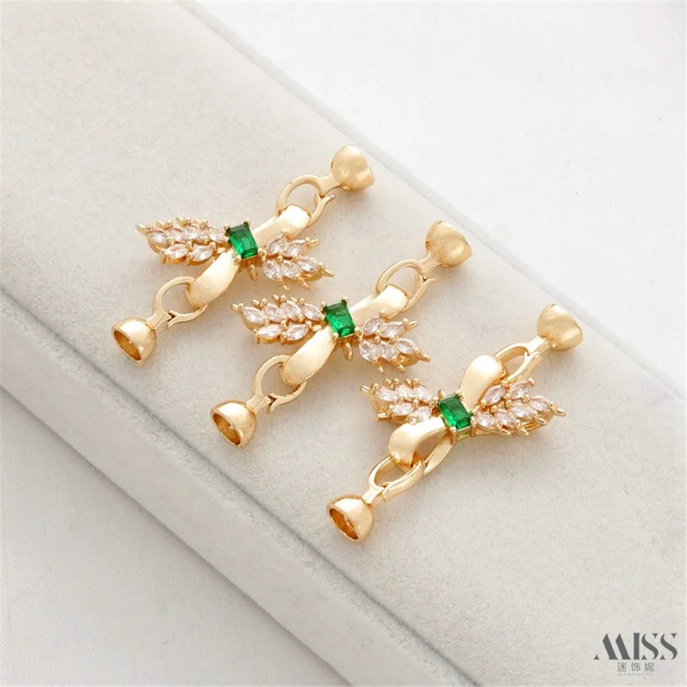 14K Gold-wrapped Color Zircon Wheat Ear Bow Double-ended Connecting Buckle DIY Pearl Bracelet Necklace Buckle Head Accessories