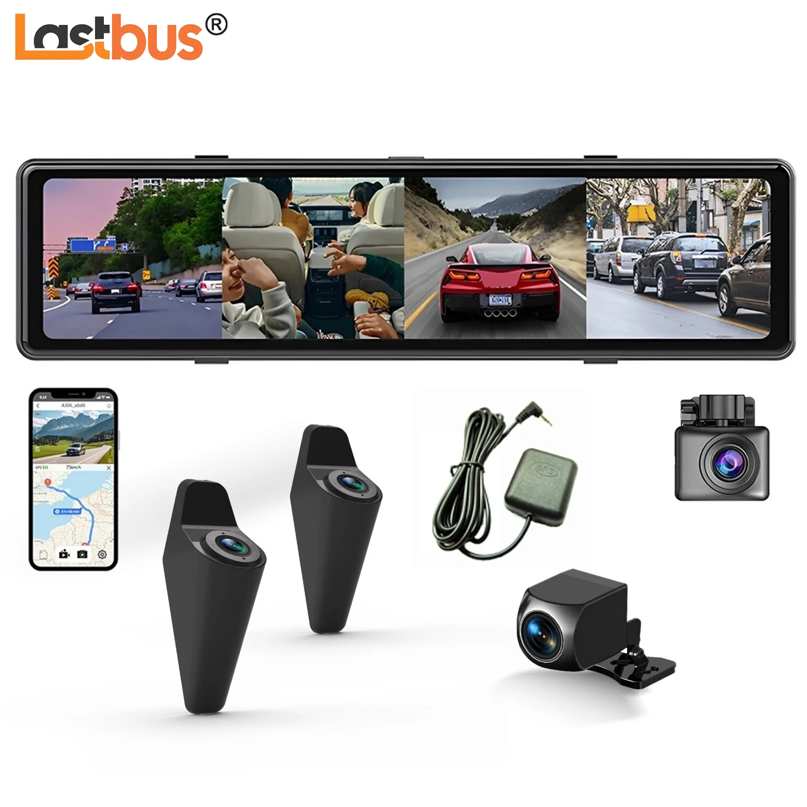 

Lastbus 12" Touch Screen 4ch 1080P Cameras 360 View Car DVR Dash Cam WiFi APP Viewing Video Recorder Loop Recording With GPS
