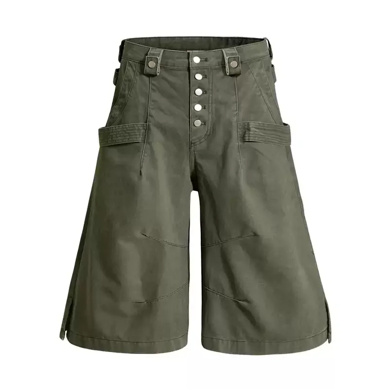 

American Style Retro Spliced Button Pockets Design Cargo Shorts For Man Fashion Brand Loose Straight In Summer Casual Pants