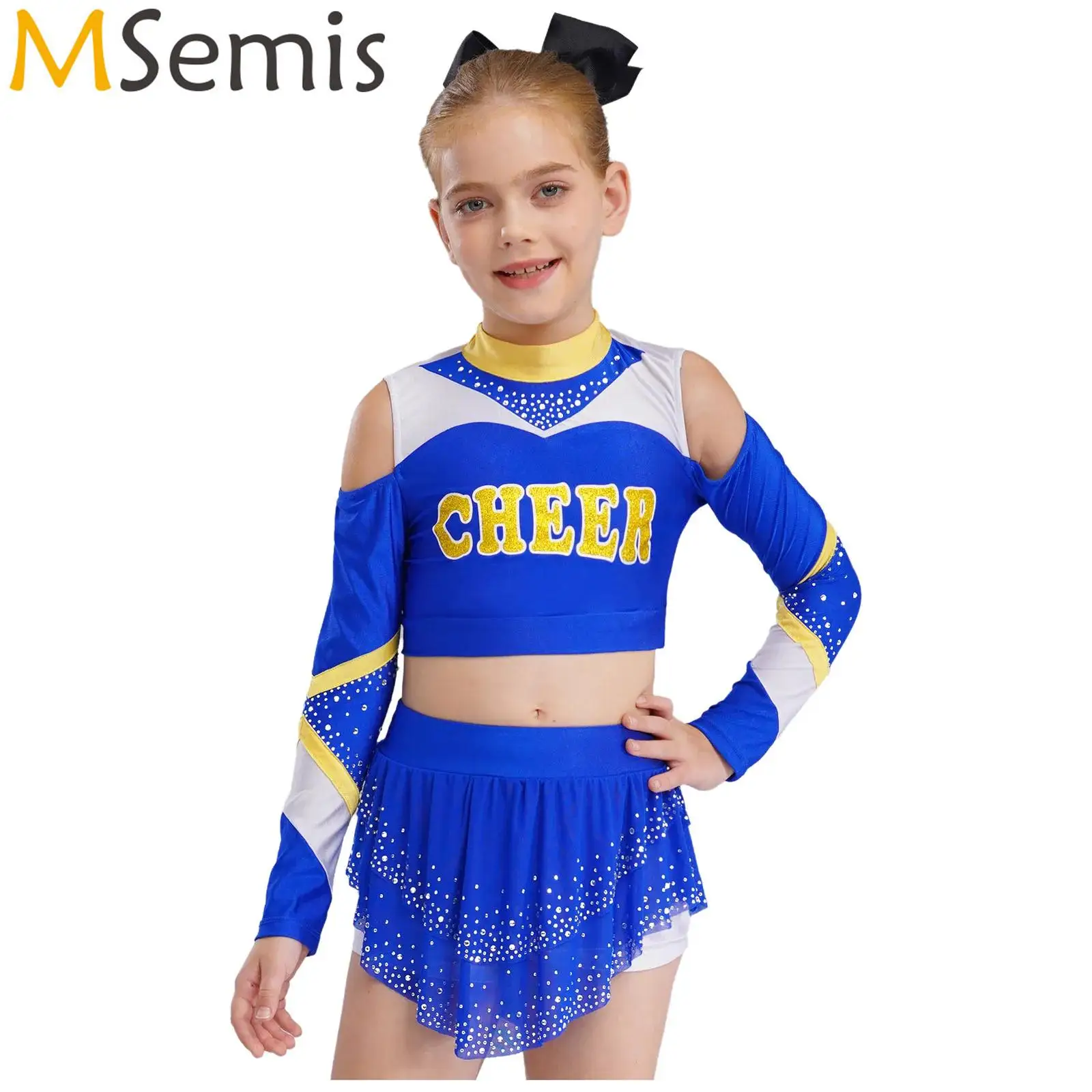 

Kids Girls Cheerleading Dance Outfit Cheer Costumes Long Sleeve Keyhole Back Letter Print Crop Top with Shiny Rhinestones Skirt