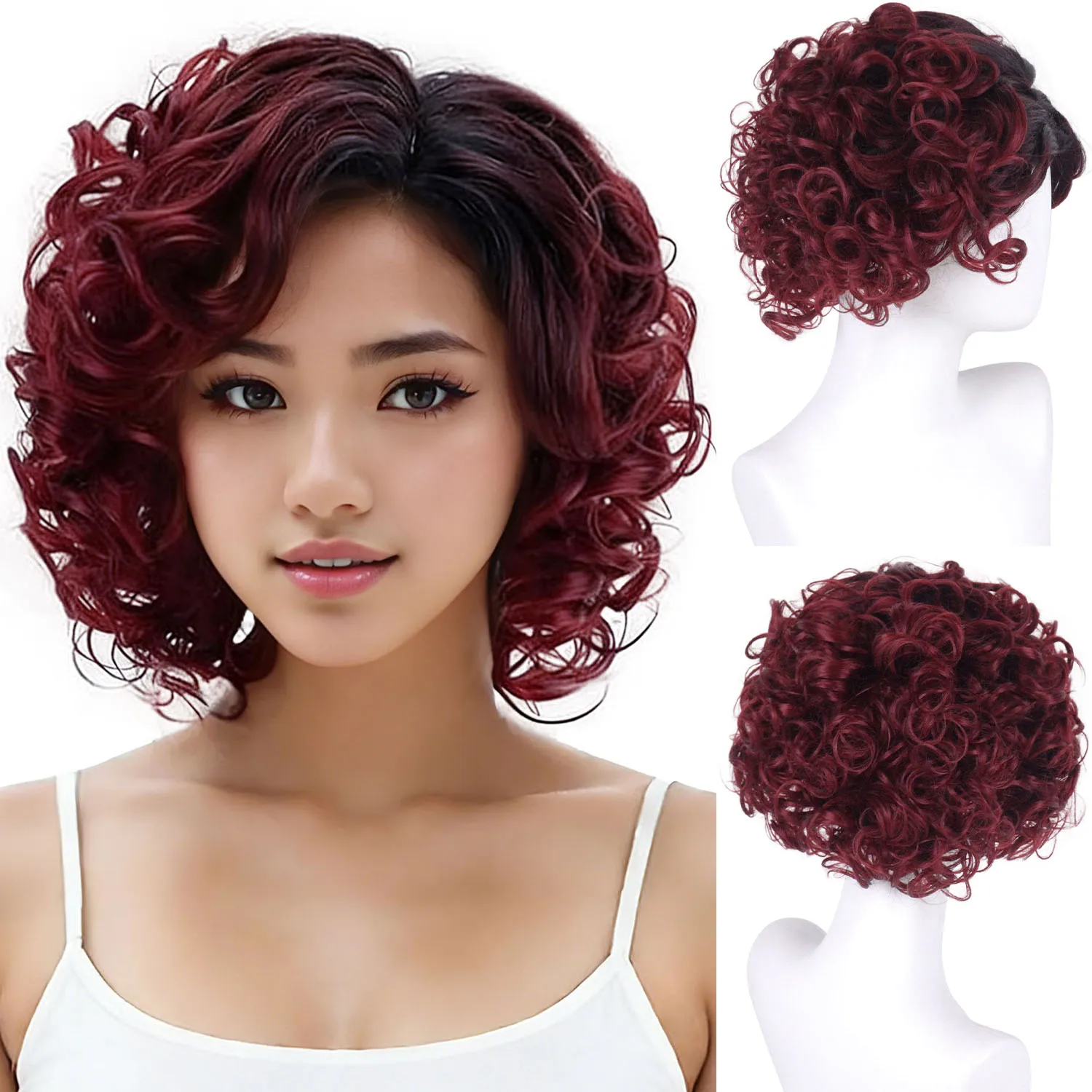 

12 Inch Synthetic Fluffy Short Spiral Curly Wig Women Ombre Black to Burgundy Middle Part Style for Daily Use Cosplay Party Wear