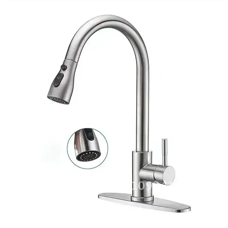 Kitchen Faucet Hot and Cold Rotatable 304 Stainless Steel Pull-out Basin with Faucet Vegetable Piping Sink Retractable Baseplate