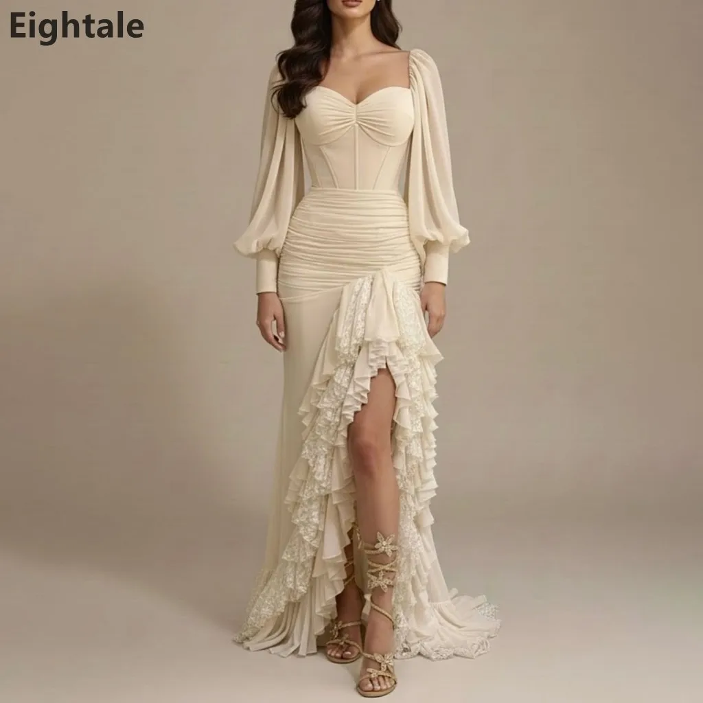 

Eightale 2025 Beige Color Mermaid Chiffon Maxi Evening Dress Long Sleeve Saudi Arabic Prom Dress Dubai Party Gown Customized