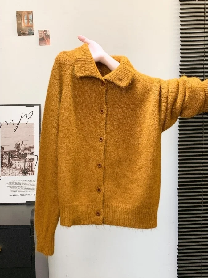 Faionable Simple Versatile High-End Loose Comfortable Knitted Sweater Coat Women Autumn Winter Lazy Tawny Open Cardigan #3