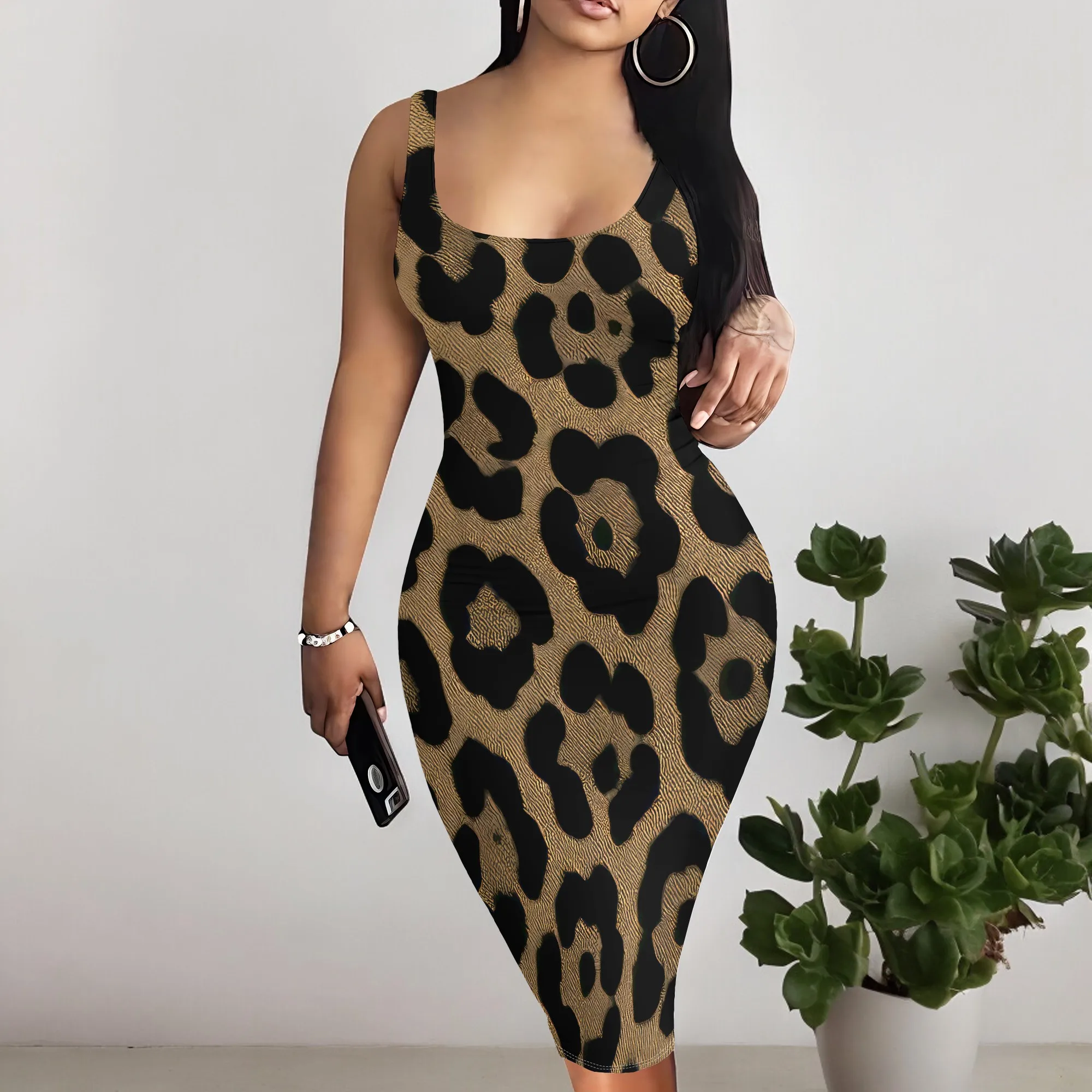 

Summer Dress for Women Sexy Print Sleeveless Tank Midi Dress Slim Bodycon U Neck Pencil Dresses Club Beach Dress