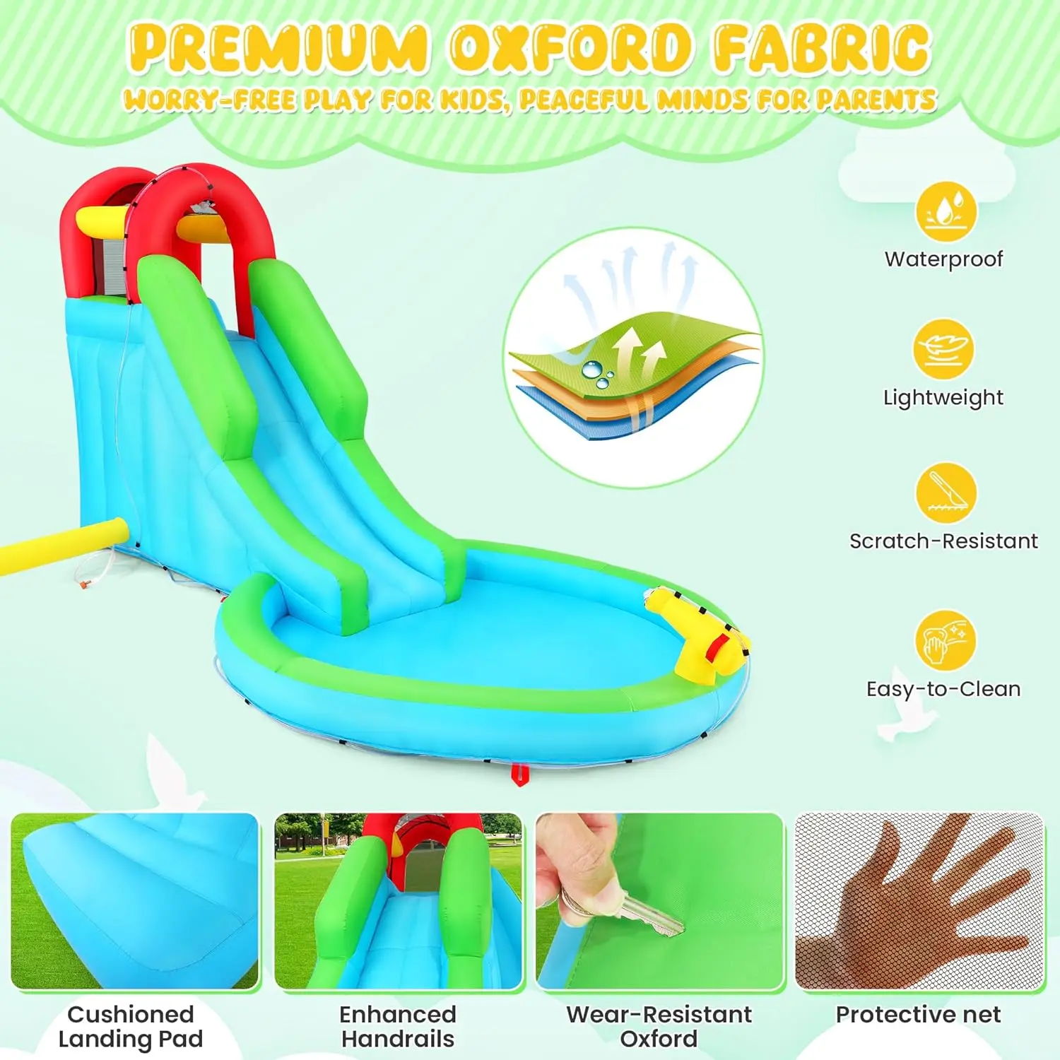 Corrediça de água, casa inflável do salto do parque da corrediça de água para crianças 3-6 com ventilador, piscina inflável, sprinkler, pinguim inflável d