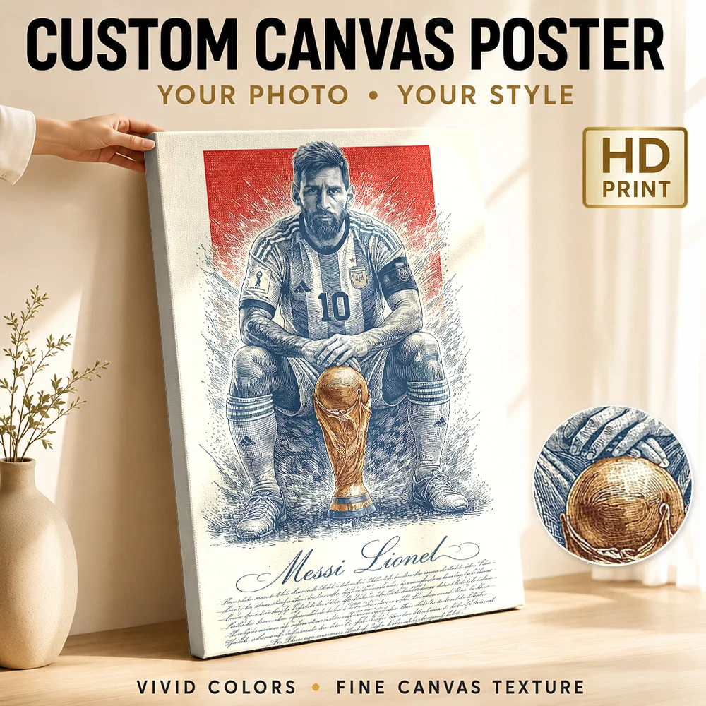 Lionel Messi with  Trophy Framed Canvas Print Poster Custom Photo Sports Portrait Canvas Wall Art for Game Room Man Cave Decor