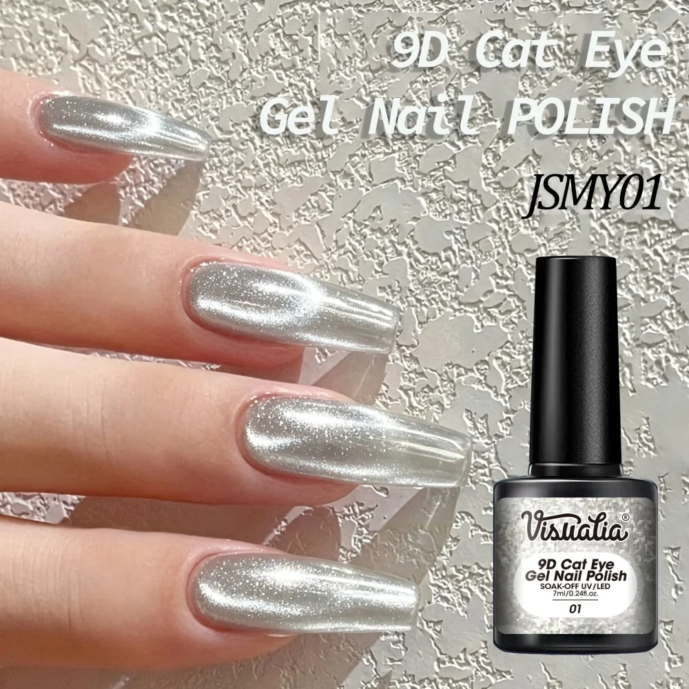 Visuatia Silver 9D Cat Eye Gel Polish, high-density silver magnetic powder, magnetic attraction creates a transparent cat eye effect, with bright color display, compatible with UVLED nail lamps, gentle and easy to remove, long-lasting and not prone to peeling off, beginners can use magnets to create a dazzling and atmospheric nail surface.