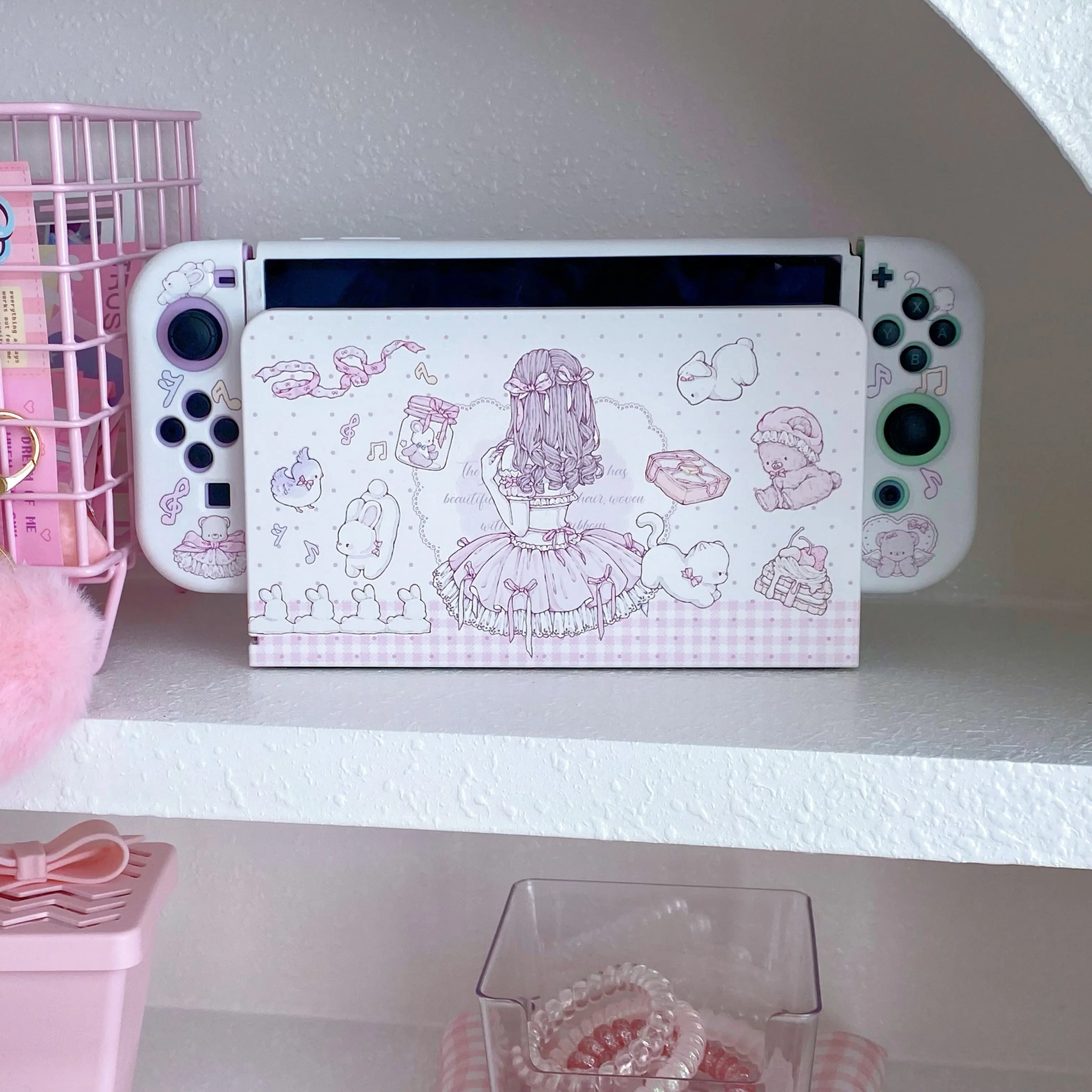 حافظة لجهاز نينتندو سويتش Oled Funda غطاء حماية قابل للإرساء Kawaii Anime Girl مع ملحقات Switch من مادة البولي يوريثان JoyCon