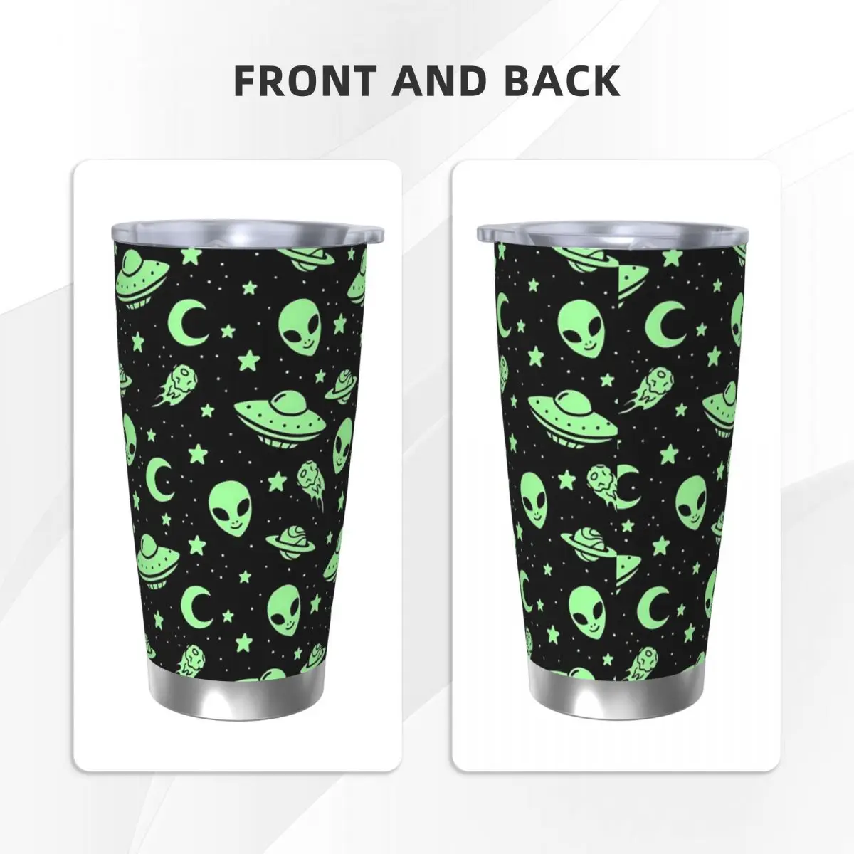 UFO And Alien Pattern Insulated Tumbler with Straws Stainless Steel Thermal Mug Double Wall Hot Cold Drinks Cup, 20oz