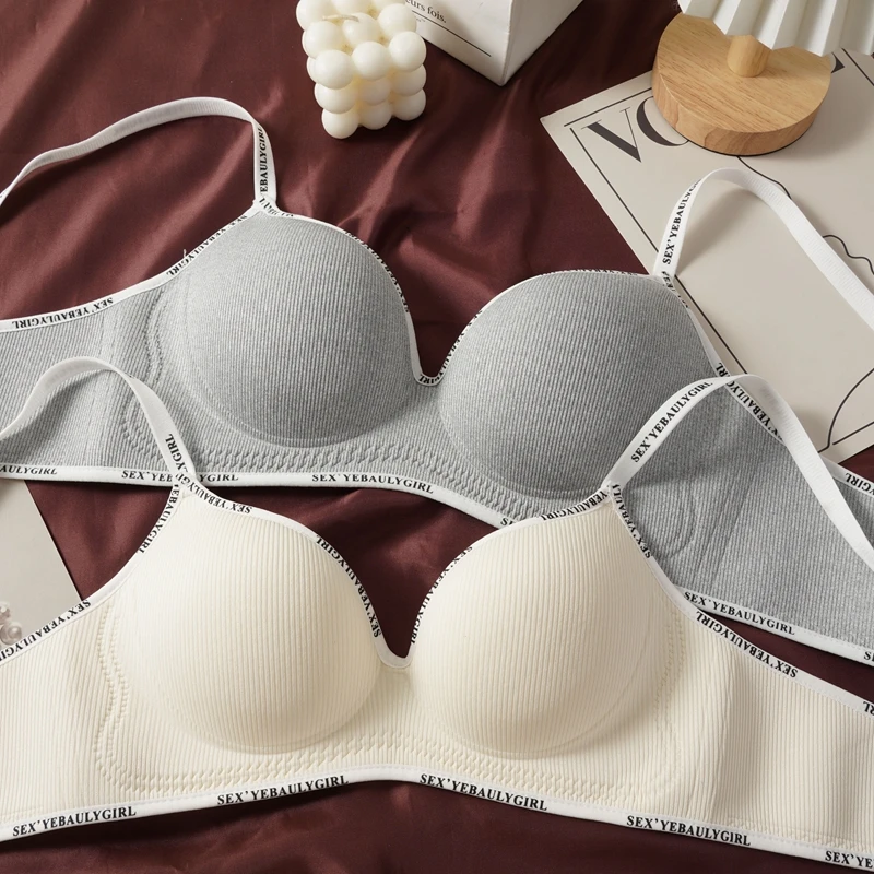 Women's Sexy Push Up Rib Bras Letter Print Small Bust Bra Black Gray Simple Casual Underwear