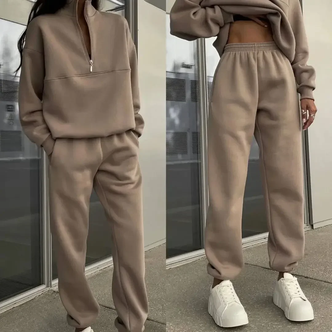 Conjunto de chándal de dos piezas para mujer, Jersey de manga larga con cuello en V, color liso, holgado, cintura elástica, pantalones pitillo