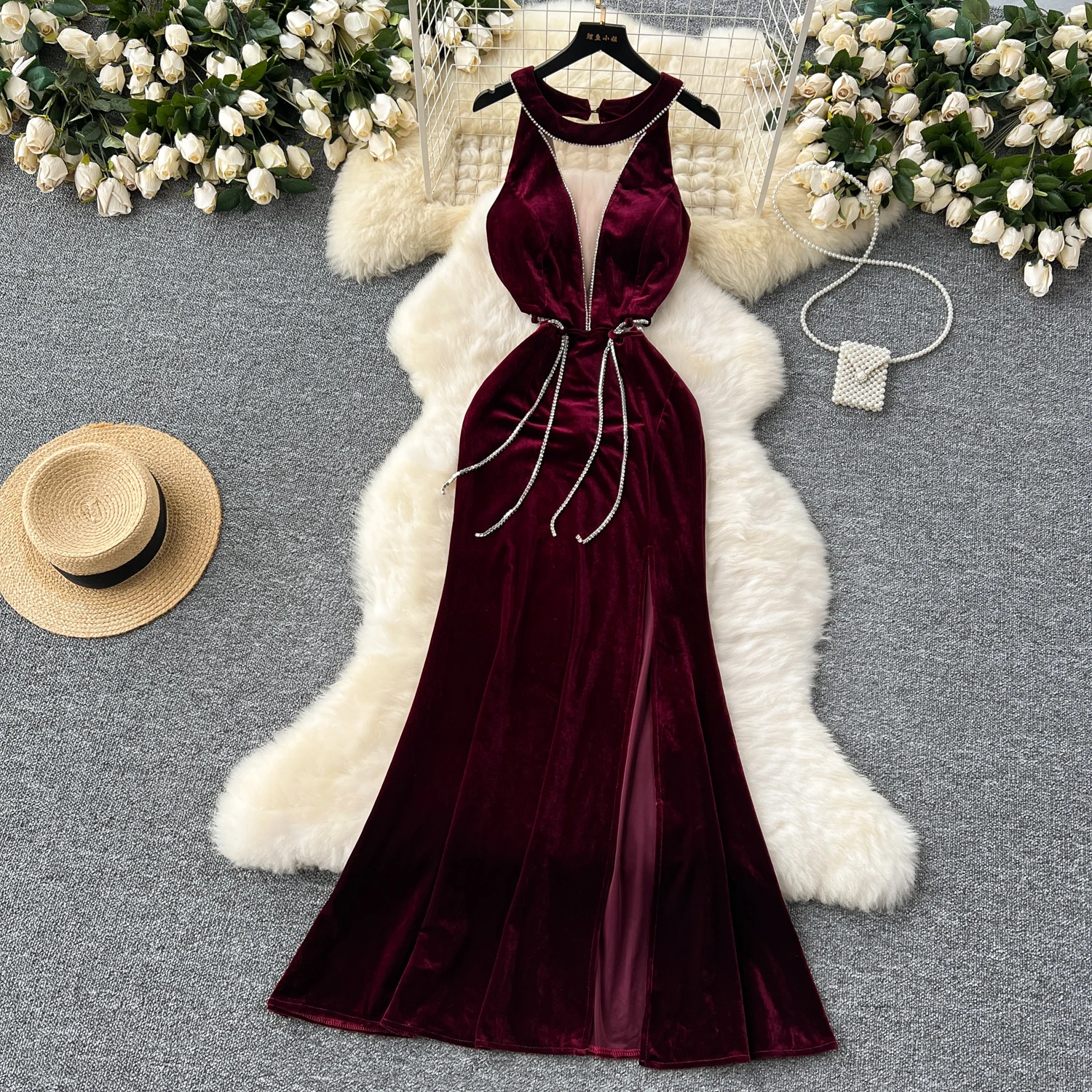 Lady Winter Velour Diamonds Split Long Mermaid Dress Women Senior Luxury Festival Holiday Evening Party Dinner Banquet Dresses