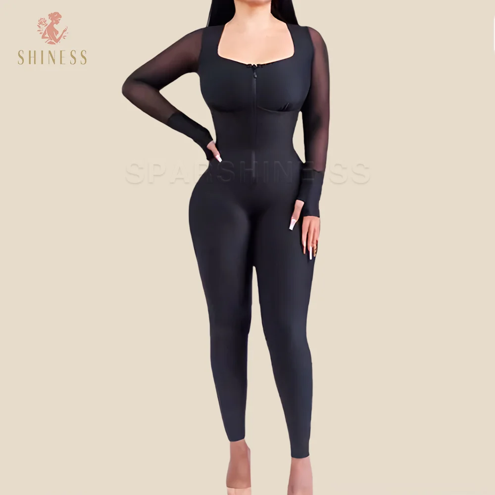 

2025 New Front Zipper Jumpsuit Black Slim Fit Shapewear Waist Cinching Flat Belly Jumpsuit Hip Lifting Shaping Leggings Sheath